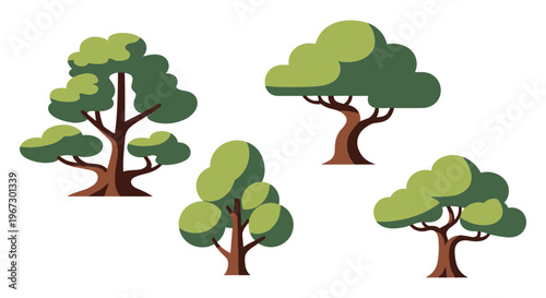 Selection of various green deciduous trees with brown trunks and lush foliage isolated on a plain white background for nature design.