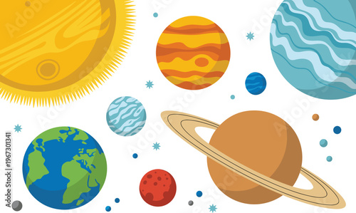 Solar system illustration with planets, sun, earth and saturn, space elements, astronomy concept, universe background, educational vector isolated design set
