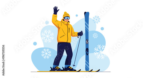 Male skier wearing a vibrant yellow jacket and blue pants waves while standing next to his skis in a snowy winter landscape.