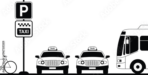 Taxi parking zone illustration with cars bus and bicycle, urban transport scene, parking sign icon, city street flat vector black white design