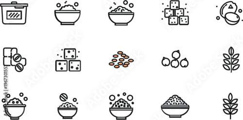 Plant based food outline icons vector set with grains, lentils, tofu, seeds and bowls, minimal nutrition symbols for vegan diet design illustration