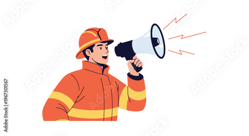Courageous firefighter in a full protective uniform and helmet shouting into a megaphone to give instructions.