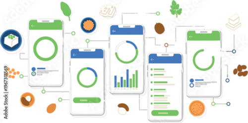 Plant based nutrition dashboard vector with mobile app UI screens, data charts, healthy food analytics and diet tracking interface design illustration