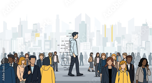 A digitally fragmenting man walks through a diverse urban crowd, symbolizing personal transformation, evolving identity, and individuality in the modern, connected world