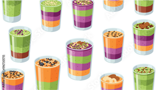 Colorful layered smoothies vector set with fruit juices, granola toppings, seeds and healthy superfood drinks, vibrant vegan nutrition beverages illustration