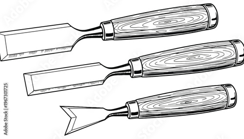 A set of chisel tools with wooden handles and metal blades illustration