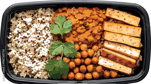 Healthy meal prep container vector with quinoa, lentils, chickpeas and tofu strips, balanced plant based protein lunch box and clean eating illustration