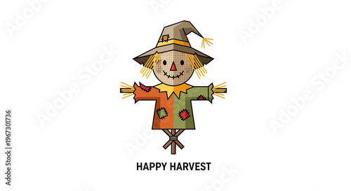 Happy harvest scarecrow vector illustration, cute autumn character with hat and patched clothes, fall season farming mascot on white background