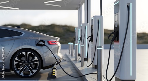 Sleek silver electric car charging at a modern station with multiple charging points.