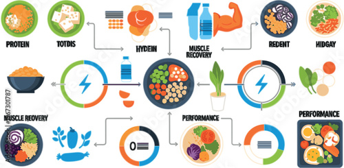 Fitness nutrition infographic vector with protein sources, muscle recovery, healthy meals, vegetables and performance diet charts in modern data driven design