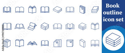 This image displays a collection of minimalist book outline icons in various open and closed positions high quality professional detailed modern elegant stylish