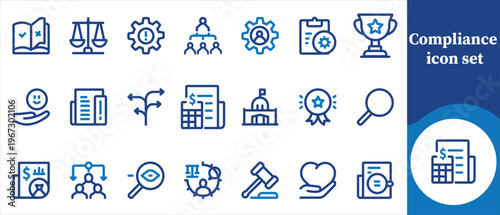 A collection of blue line icons representing various aspects of legal compliance including law ethics and regulation high quality professional detailed modern elegant