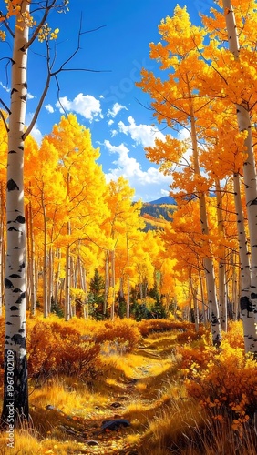 A vibrant autumn forest with yellow trees and a blue sky