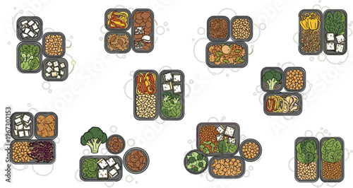 Fitness nutrition vector with muscular athletes, healthy meals, vegetables and protein foods, bodybuilding diet concept illustration in modern flat style