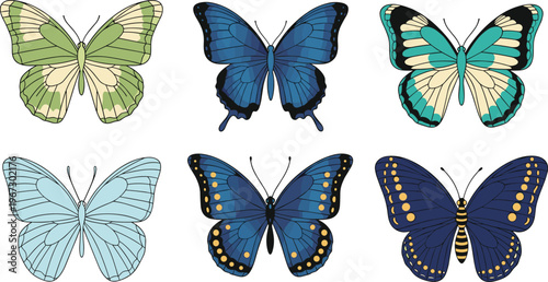 Colorful Butterfly Collection Featuring Blue, Green, and Yellow Butterflies, Perfect for Nature, Spring, and Insect Illustrations