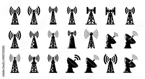 Stylized antenna tower vector illustration set wireless communication EPS10