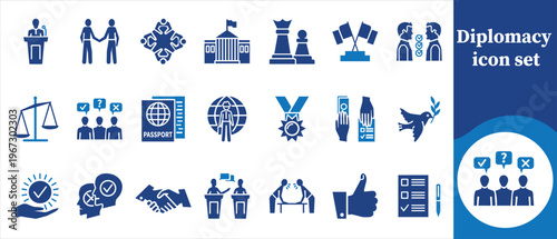 An illustrative set of blue icons representing various aspects of diplomacy including negotiation treaties and international relations high quality professional detailed modern elegant