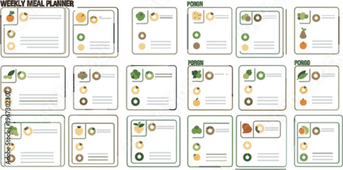 Weekly meal planner vector template with healthy diet schedule, food tracking cards, nutrition planning layout and organized menu design illustration