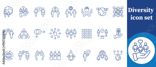 This image displays a collection of blue line icons representing diversity inclusion equality and global unity concepts high quality professional detailed modern elegant