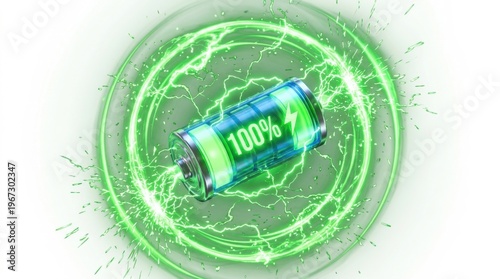 Green energy battery showing one hundred percent charge. Concept of power efficiency and sustainability. Ideal for technology and renewable energy presentations.