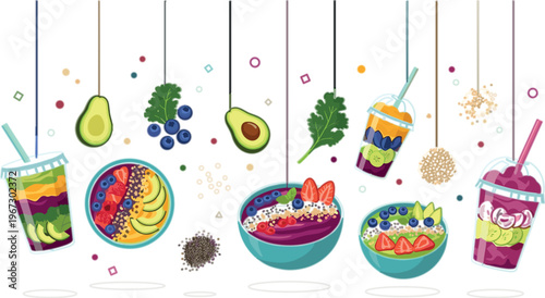 Healthy smoothie bowls and drinks vector with fruits, granola, seeds and superfoods, colorful vegan nutrition illustration in modern flat style design