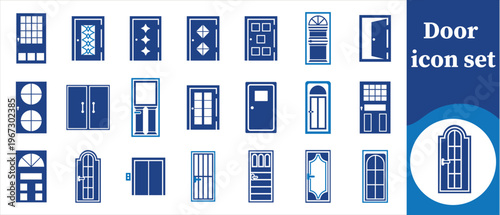 A collection of twenty five distinct blue door icons are displayed in a grid arrangement alongside text reading door icon set high quality
