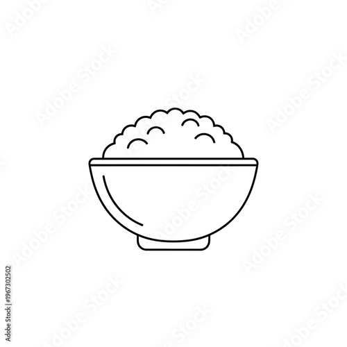 Simple line art illustration of a bowl filled with fluffy white rice ready to eat.