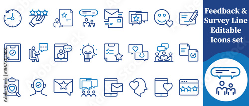 A collection of blue line icons representing feedback surveys communication time management and positive evaluation concepts high quality professional detailed modern elegant stylish