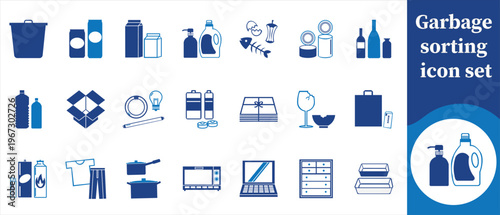 A collection of blue icons depicting various household waste items and containers for effective garbage sorting and recycling practices high quality professional detailed