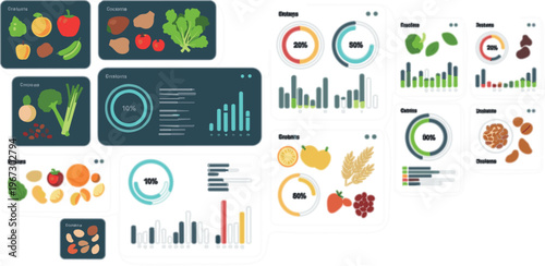 Nutrition analytics dashboard vector with fruits, vegetables, charts and data panels, healthy diet infographic interface for food tracking and analysis design