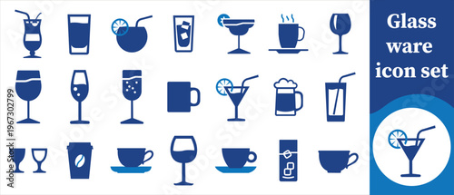 A collection of various blue glassware icons depicting cocktails juice coffee and other beverages in different styles high quality professional detailed modern elegant