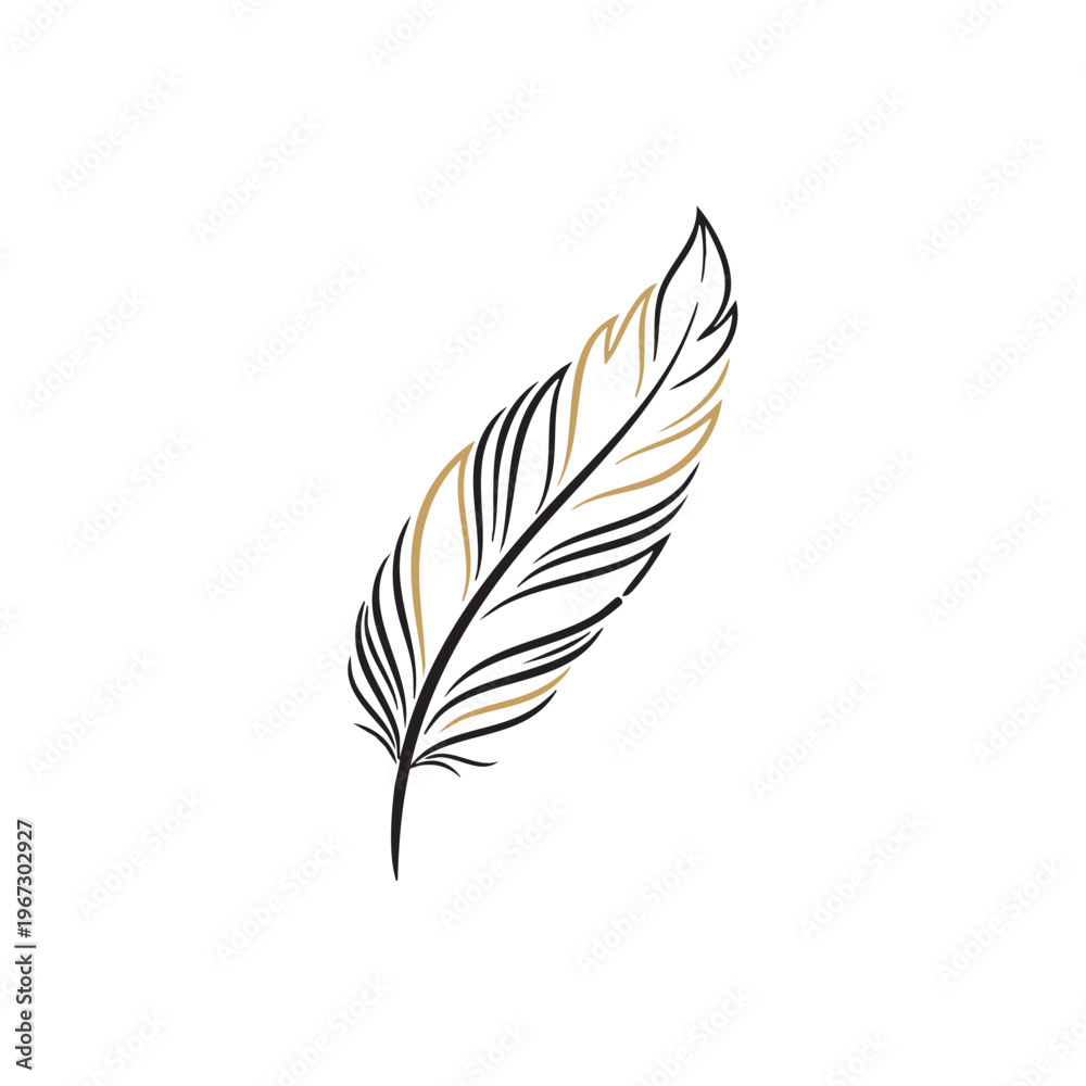 Fototapeta premium Elegant feather quill logo with gold and black line art