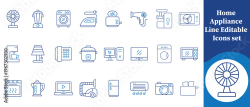 A collection of blue line icons depicting various common household appliances including kitchen and cleaning tools presented in a grid format high quality