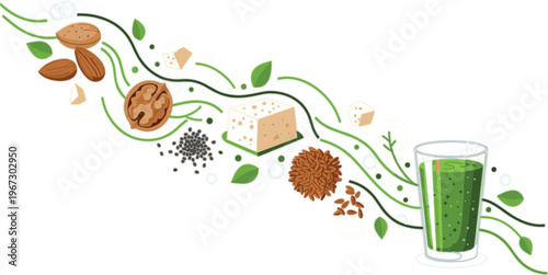 Plant based nutrition flow vector with nuts, seeds, tofu and green smoothie, healthy vegan ingredients process illustration in modern flat style