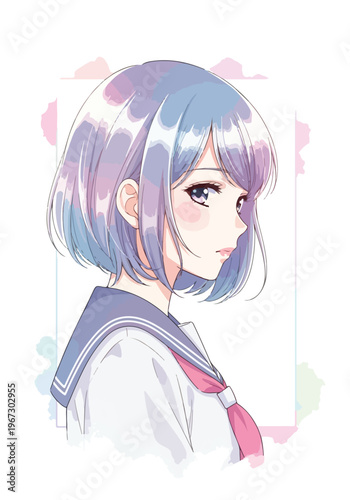 Anime girl vector illustration, beautiful schoolgirl with purple bob hair, Japanese manga style character in sailor uniform, pastel aesthetic portrait