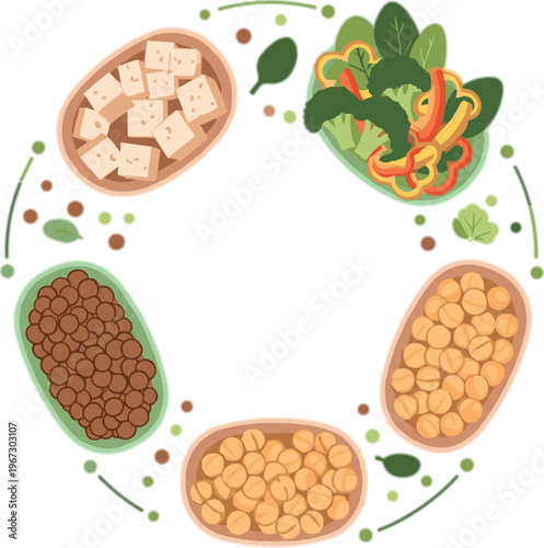 Plant based protein foods vector with tofu, beans, lentils and vegetables arranged in circular composition, healthy vegan nutrition illustration