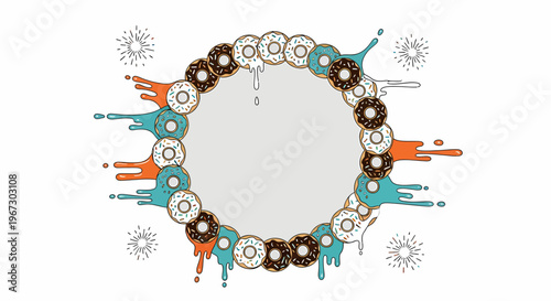 Circular frame made of various donuts with colorful icing drips and sprinkles on a white background, perfect for a sweet design.