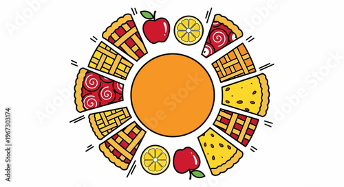 A vibrant illustration of a circular arrangement featuring various fruit pie slices, whole apples, and lemon wedges around a central orange disc.