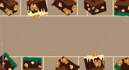 A brown background with a decorative border of chocolate brownies topped with walnuts and some with white frosting, creating a sweet frame.