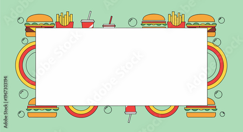 Vector illustration of a fast food themed frame with hamburgers, french fries, and soda cups on a light green background, perfect for menus or promotions.