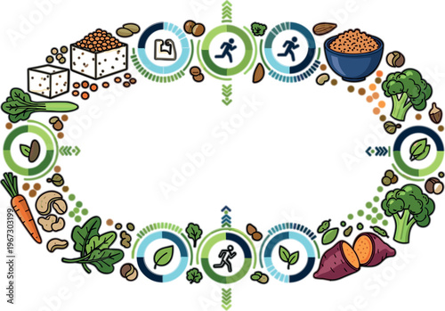 Healthy lifestyle nutrition cycle vector with plant based foods, exercise icons, vegetables, grains and balanced diet concept in circular infographic design