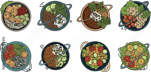 Healthy plant based bowls vector set with tofu, grains, vegetables and legumes, balanced vegan meals and clean eating food illustration in flat style
