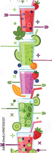Vertical smoothie drinks vector set with fresh fruit juices, berries, citrus and green detox blends, healthy beverage illustration in colorful flat style