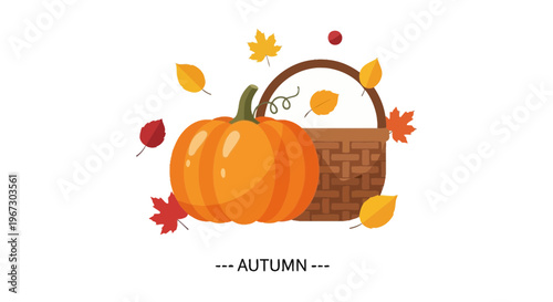 Autumn, fall, pumpkin, basket, vector icon, seasonal symbol, orange, leaves, harvest