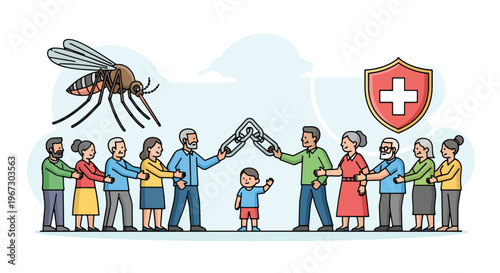 Community unity vector illustration showing diverse people joining hands against mosquito threat with medical shield symbol for collective health safety