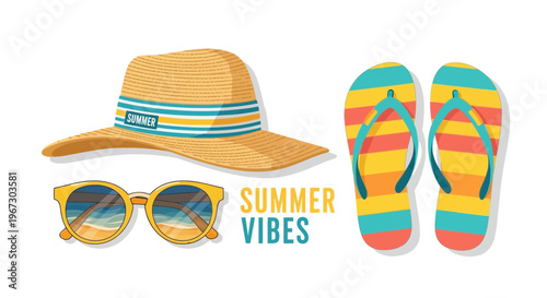 Summer vacation accessories, beachwear icons, sunglasses, hat, flip flops
