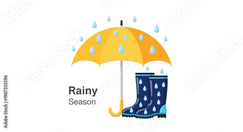 Rainy season, yellow umbrella, rain boots, weather icons