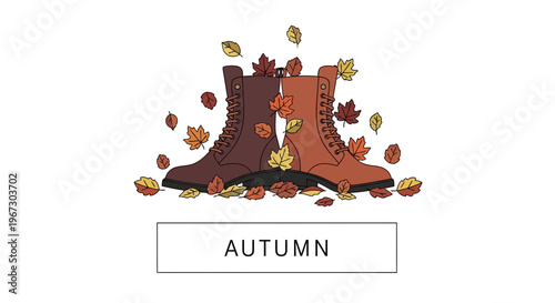 Autumn boots, fall leaves, seasonal footwear, vector icons