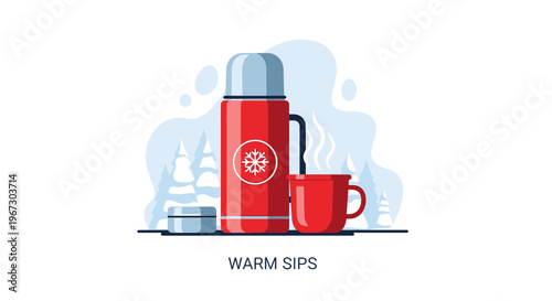 Warm beverage icons, thermos, mug, hot drink, winter, cozy