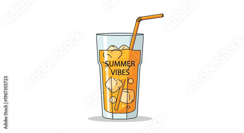 Summer Vibes Orange Drink, Refreshing Beverage, Vector Illustration, Glass with Straw
